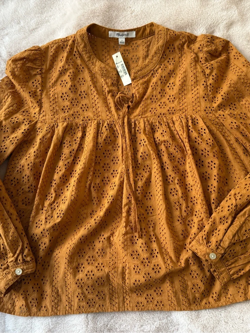NWT Madewell Eyelet Double-Tie Blouse Carrot Cake Size S